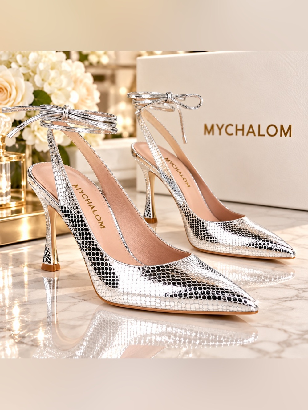 MYCHALOM Silver Metallic Snakeskin Slingback Ankle Tie Pumps US 8 EU 38